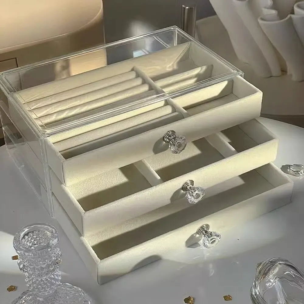 High-Capacity Flannel Jewelry Box Drawer (3-Layer) – Perfect for Storing Earrings, Necklaces & Rings