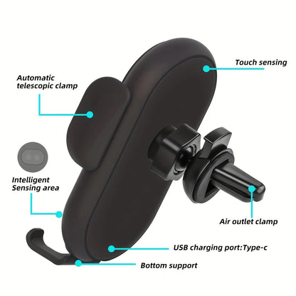 Wireless Car Charger with Auto-Clamping Phone Holder - USB-Powered, Fast Charging, with Type-C Cable, Wireless Phone Charger