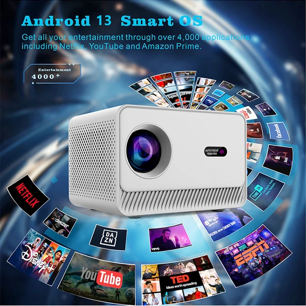 Smart Projector, Support 4K Decoding,  Android 13, T950S Quad-Core, 2 Plus 16GB Memory, Dual-Band WiFi, Home Office Projector