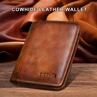 Genuine Leather Men's Wallet with Blessing Card Set, RFID Blocking, Ultra-Thin, Top-Grain Cowhide, Compact Multi-Function ID and Credit Card Holder, Christmas Valentine's Day Father's Day Gift