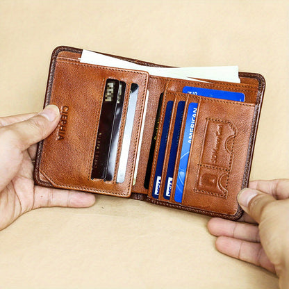 Genuine Leather Men's Wallet with Blessing Card Set, RFID Blocking, Ultra-Thin, Top-Grain Cowhide, Compact Multi-Function ID and Credit Card Holder, Christmas Valentine's Day Father's Day Gift