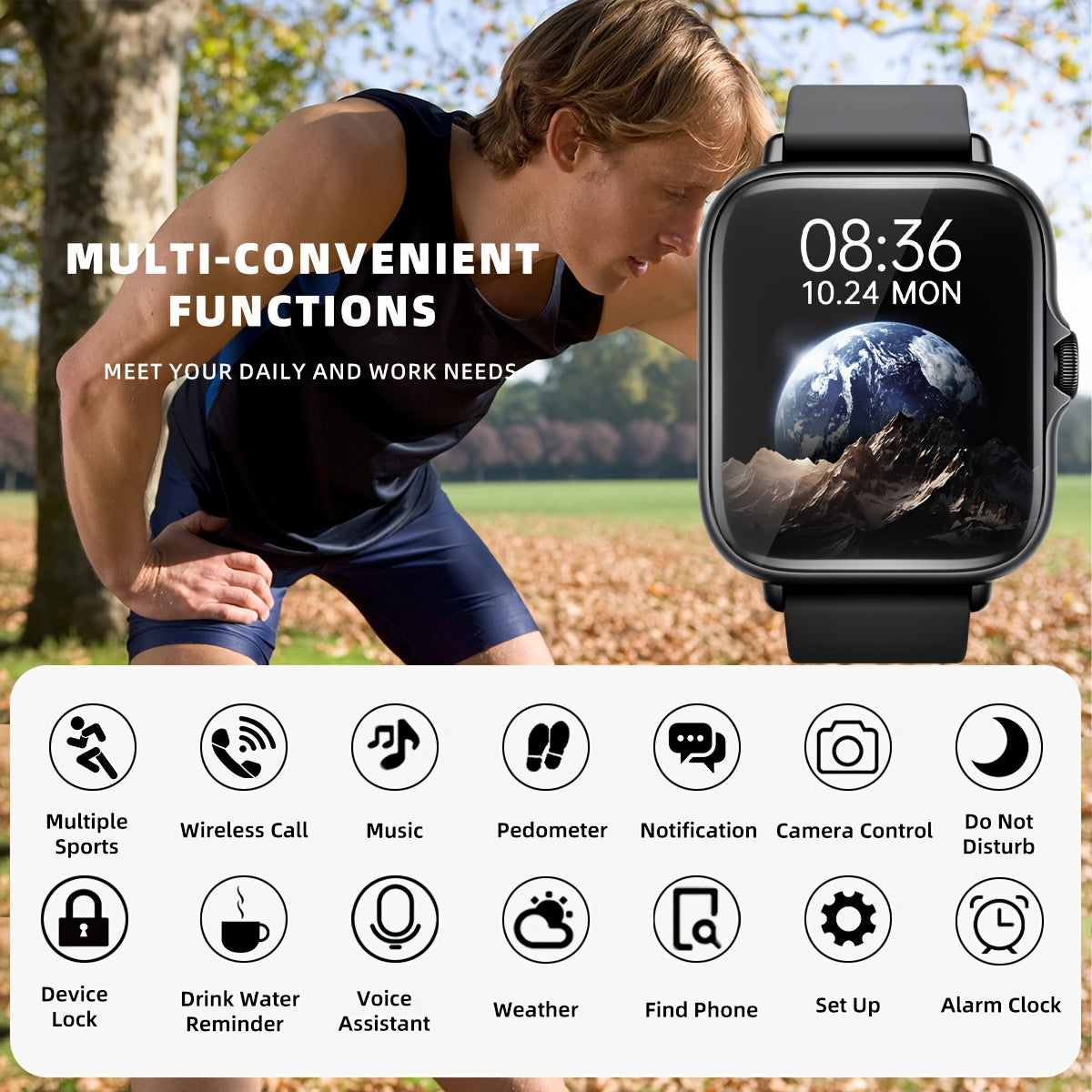 1.83'' Full Touch Screen Smart Watch • Message Alerts, Call Answering • Sports Pedometer, Health Monitoring • Compatible with iPhone/Android • Alloy Body, Silicone Strap • DESERTCAT - Ideal Gift for Birthdays
