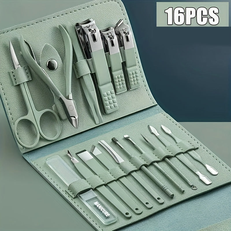 16pcs Household Multi-Functional Stainless Steel Ear Spoon Nail Clippers Pedicure Nail Scissors Tool Set with Folding Bag Manicure Cutter Kits