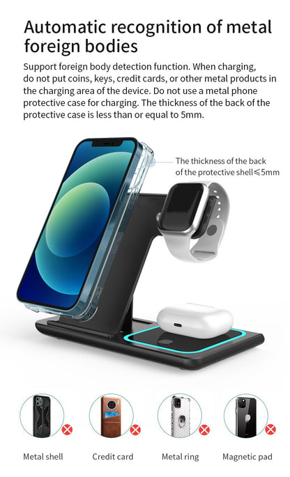 TIMESS-Wireless Charging Station 3-in-1 Standard 15W Fast Mag-Safe Charger Stand with QC3.0 Adapter, Suitable for iPhone 15 14 13 12 11 X 8 Pro Max/Pro/Mini/Plus, iWatch Ultra 9/8 7/6/5/4/3/2, AirPods 3/2