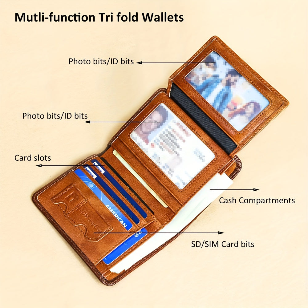 Genuine Leather Men's Wallet with Blessing Card Set, RFID Blocking, Ultra-Thin, Top-Grain Cowhide, Compact Multi-Function ID and Credit Card Holder, Christmas Valentine's Day Father's Day Gift