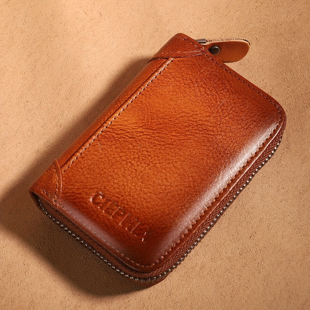 Genuine Leather Men's Wallet with Blessing Card Set, RFID Blocking, Ultra-Thin, Top-Grain Cowhide, Compact Multi-Function ID and Credit Card Holder, Christmas Valentine's Day Father's Day Gift