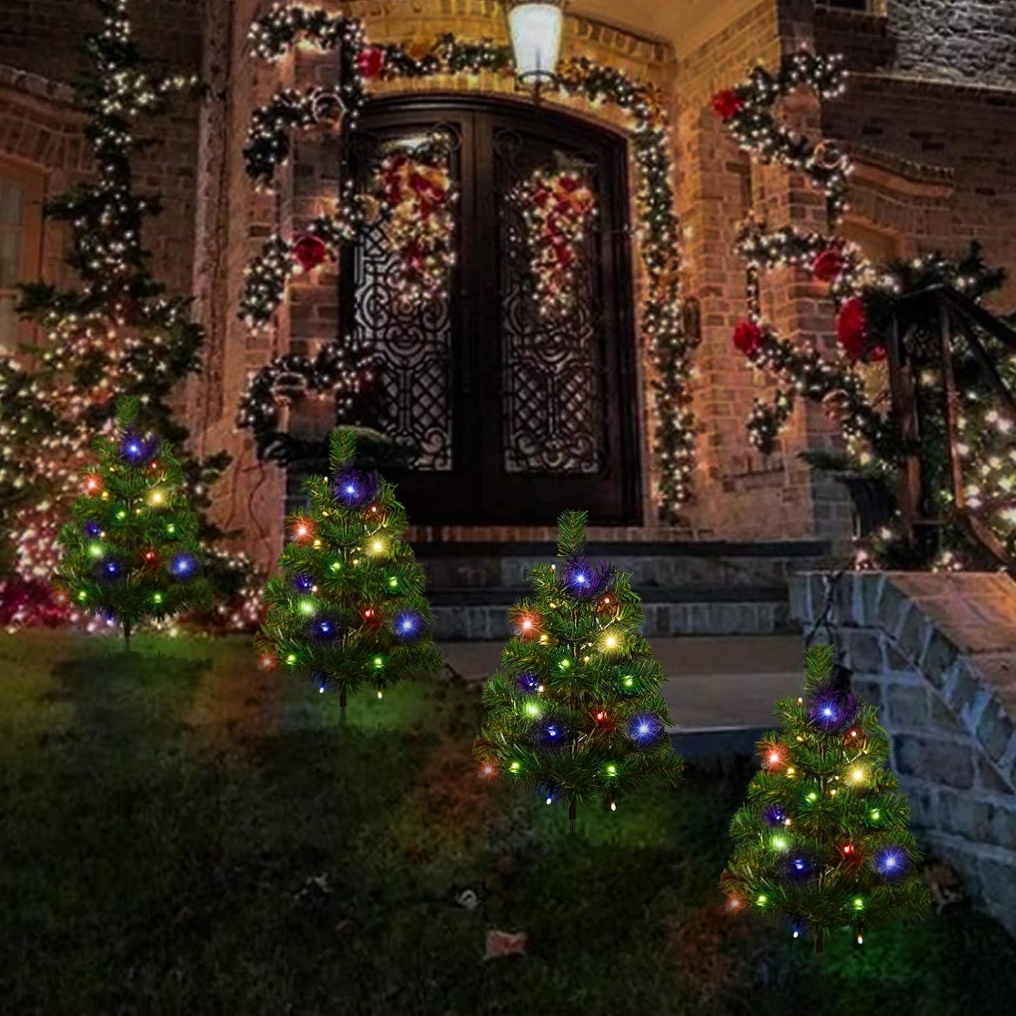 2 Packs Solar Christmas Tree, Solar Powered Pathway Christmas Tree With Multicolored LED Lights, So