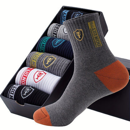 6-Pack Minimalist Casual Letter Mid-Calf Socks, Breathable Business Men's Socks