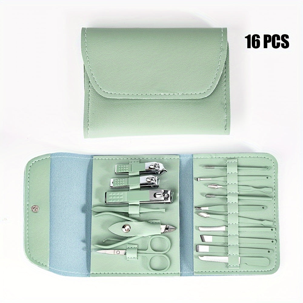16pcs Household Multi-Functional Stainless Steel Ear Spoon Nail Clippers Pedicure Nail Scissors Tool Set with Folding Bag Manicure Cutter Kits