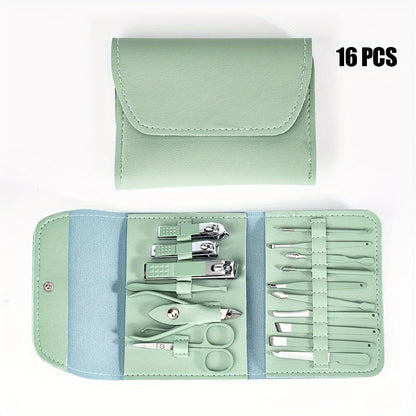 16pcs Household Multi-Functional Stainless Steel Ear Spoon Nail Clippers Pedicure Nail Scissors Tool Set with Folding Bag Manicure Cutter Kits