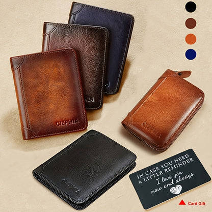 Genuine Leather Men's Wallet with Blessing Card Set, RFID Blocking, Ultra-Thin, Top-Grain Cowhide, Compact Multi-Function ID and Credit Card Holder, Christmas Valentine's Day Father's Day Gift