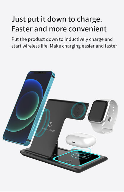 TIMESS-Wireless Charging Station 3-in-1 Standard 15W Fast Mag-Safe Charger Stand with QC3.0 Adapter, Suitable for iPhone 15 14 13 12 11 X 8 Pro Max/Pro/Mini/Plus, iWatch Ultra 9/8 7/6/5/4/3/2, AirPods 3/2
