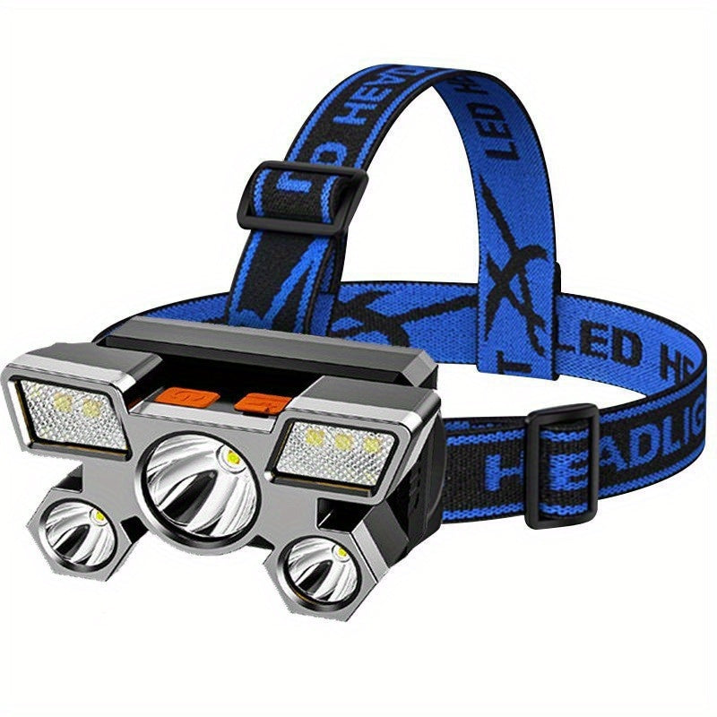 Dericam USB Rechargeable 5 LED Headlamp with Built-In Battery - Portable High-Power LED Torch, 800 Lumen Brightness, 1181.1inch Range, 4 Lighting Modes (Flashlight, SOS, Strobe
