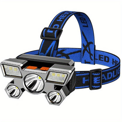 Dericam USB Rechargeable 5 LED Headlamp with Built-In Battery - Portable High-Power LED Torch, 800 Lumen Brightness, 1181.1inch Range, 4 Lighting Modes (Flashlight, SOS, Strobe