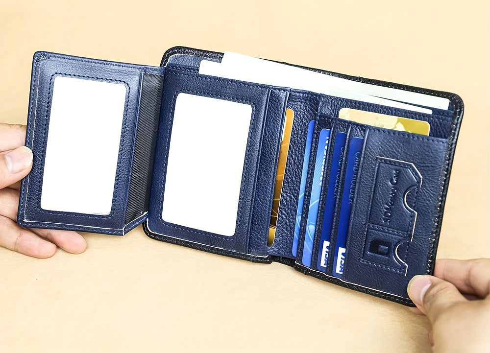 Genuine Leather Men's Wallet with Blessing Card Set, RFID Blocking, Ultra-Thin, Top-Grain Cowhide, Compact Multi-Function ID and Credit Card Holder, Christmas Valentine's Day Father's Day Gift