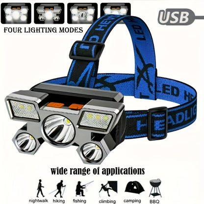 Dericam USB Rechargeable 5 LED Headlamp with Built-In Battery - Portable High-Power LED Torch, 800 Lumen Brightness, 1181.1inch Range, 4 Lighting Modes (Flashlight, SOS, Strobe
