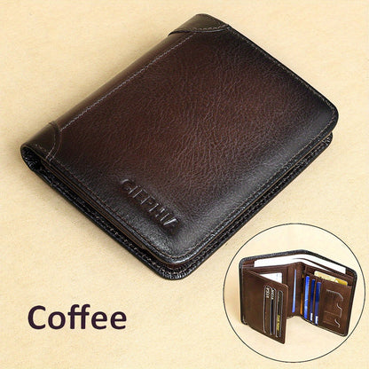 Genuine Leather Men's Wallet with Blessing Card Set, RFID Blocking, Ultra-Thin, Top-Grain Cowhide, Compact Multi-Function ID and Credit Card Holder, Christmas Valentine's Day Father's Day Gift